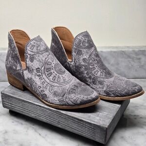 Mi.iM Gray Ankle Booties V-Cut Leather Embossed Faux Calf Hair, Size 7 Excellent